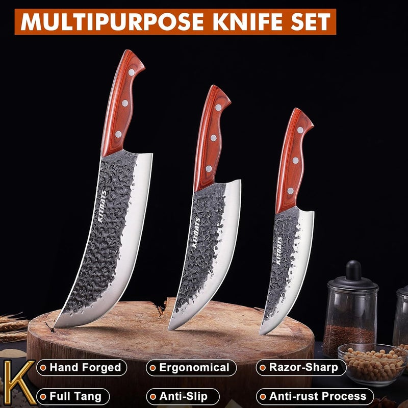 KITNATS Professional Butcher Knife Set, Hand Forged Heavy Duty Meat Cleaver Serbian Chef Knife Viking Boning Knife 3PCS Kitchen Set for Meat Cutting Home Kitchen Outdoor Camping BBQ Cooking Gift for Men - Image 4